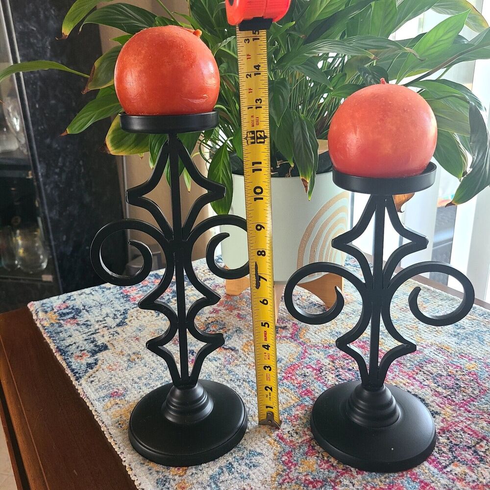Matte Black Metal Fleur De Lis Pillar Candle Holder Set of 2 Gothic Farmhouse - Picture 3 of 4